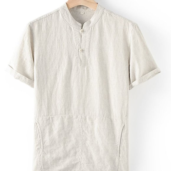 Buttoned Round Neck Short Sleeve Linen Tee - Picture 3 of 10